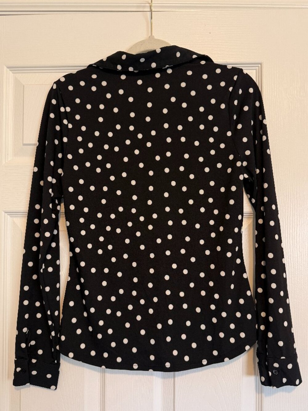 Haver London Black White Polka Dot Ruched Front Stretch Button Up Shirt S - Picture 4 of 6